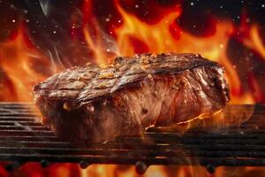 Beef steak on the grill with smoke and flames. AI Generative photo