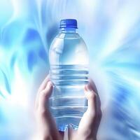 Bottle of water in hands and blue abstract background Concept of healthy lifestyle. AI Generative photo