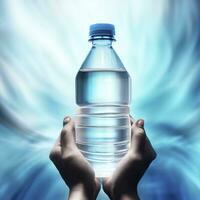 Bottle of water in hands and blue abstract background Concept of healthy lifestyle. AI Generative photo