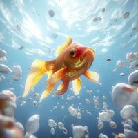 Beautifully colored goldfish swim in the clear aquarium water. 3d animation swimming goldfish.  AI Generative photo