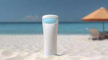 Blank empty white plastic tube. Sunscreen lotion on a sandy beach, summer composition with sunglasses, blue sea as background, copy space. Summer vacation and skin care concept, photo