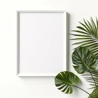 Frame with leaves.  Summer tropical leaves and blank frame with copy space on white background. Generative AI photo