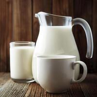 Fresh milk in a mug and jug on wooden table. AI Generative photo