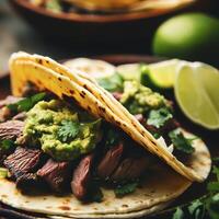 Grilled beef taco with guacamole and cilantro. AI Generative photo