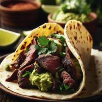 Grilled beef taco with guacamole and cilantro. AI Generative photo