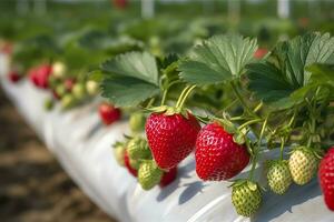 Bush of ripe organic strawberries in the garden. Berry closeup. Generative AI photo