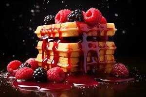 Stacked Belgian Waffle with Berry Syrup Drizzle photo