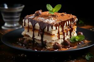 Tiramisu en un plato a mesa en un lado ver foto