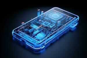 3d realista teléfono inteligente, moderno inteligente teléfono mentiras en un suave oscuro azul superficie foto