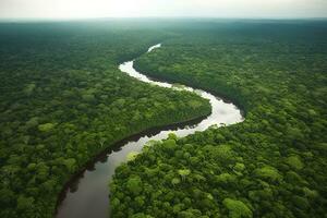 aéreo ver de el amazonas selva paisaje con río doblar. generativo ai foto