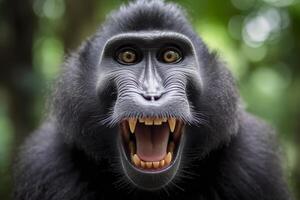 Celebes crested macaque with open mouth. Close up on the green natural background. Generative AI photo