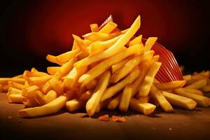 Sabrosas papas fritas en el fondo de la mesa de madera foto