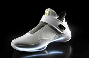 Futuristic fashion original sneakers. Future design of stylish sports shoes with neon glow, futuristic urban aesthetics. Sportswear, style and fashion, tomorrow footwear. AI Generative photo