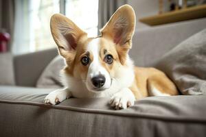 Beautiful, smart, calm purebred corgi dog lying on on sofa in living room. Generative AI photo