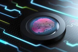 Fingerprint Authentication Button. Biometric Security. Identification and cyber security concept. Glowing neon fingerprint on dark background. photo