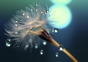 Beautiful dew drops on a dandelion seed macro. Beautiful blue background. Generative AI photo