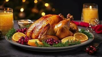 Juicy and tasty roast turkey on a plate with Christmas decorations. Roasted chicken with vegetables, Roast chicken party, all kinds of food, beer. AI Generative photo