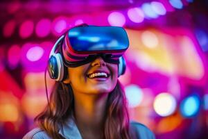 portrait of a smiling woman in casual clothes wearing Virtual Reality glasses, and playing, neo light, blurred neo color background, AI Generative photo