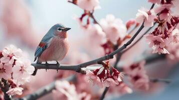 Birds sitting in a tree filled with cherry blossom flowers. Generative AI photo