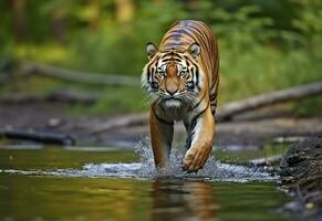 Amur tiger walking in the water. Dangerous animal.  Animal in a green forest stream. Generative AI photo