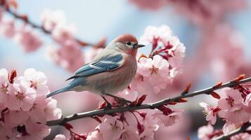 Birds sitting in a tree filled with cherry blossom flowers. Generative AI photo