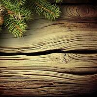 old planked wood board with pine tree branch and decoration. AI Generative photo