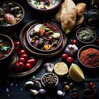 Mediterranean food on a dark wooden rustic background. AI Generative photo