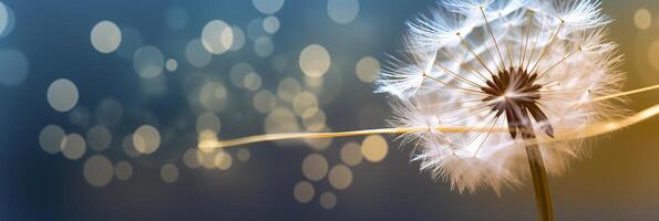 Abstract blurred nature background dandelion seeds parachute. Bokeh pattern. Generative AI photo