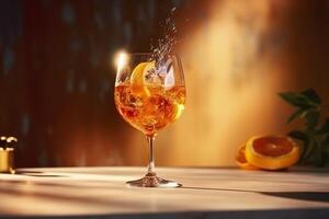 Aperol spritz summer drink in glass with shadows, tropical background. Generative AI photo