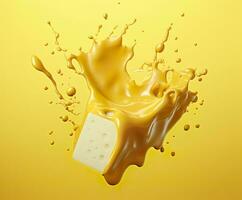 Cheese sauce splashing in the air with cheddar cheese, 3d rendering. Generative AI photo