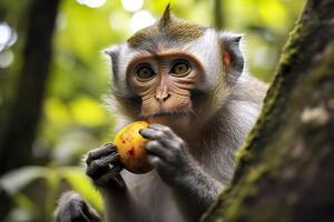 cerca arriba de mono comiendo Fruta en el selva. generativo ai foto