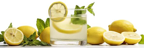 Lemonade in a glass with fresh lemons and mint. Cold summer drink with copy space. Generative AI photo