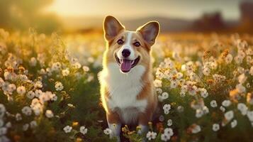 Charming corgi dog with flowers in the spring. Generative AI photo