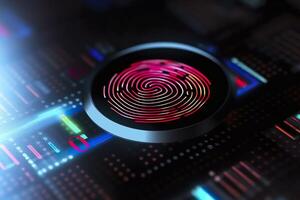 Fingerprint Authentication Button. Biometric Security. Identification and cyber security concept. Glowing neon fingerprint on dark background. photo