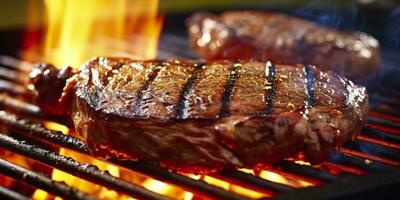 Beef ribeye steak grilling on a flaming grill. Generative AI photo