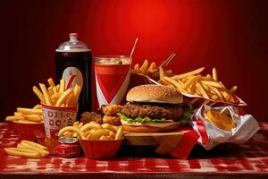 A table of junk food including hamburgers fries and a cup of soda photo