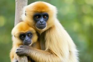 Close image of Cheeked Gibbon monkey mother with a child in the forest. Generative AI photo