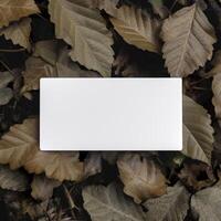 Blank business card on green leaves background. Generative AI photo