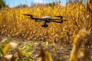 Drone monitoring crops and smart agriculture in a digital farming.  AI Generative photo