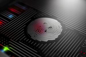 Fingerprint Authentication Button. Biometric Security. Identification and cyber security concept. Glowing neon fingerprint on dark background. photo