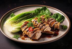 Chicken grill meat served with pak choi vegetables on a plate. Generative AI photo