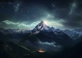 el lechoso creciente en el noche cielo terminado el montañas, paisajes, ai generativo foto