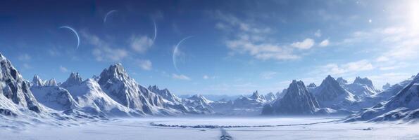 vast desolated snow land, big mountains in the background, snowfall with light blue sky and light blue colors, peaceful atmosphere,  AI Generative photo