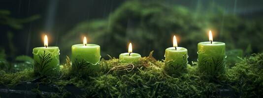 Burning candles on moss, dark green blurred the natural background. Magic candle. Generative AI photo