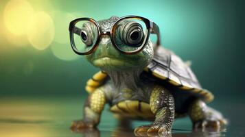 A cute little green turtle with glasses, Generate Ai photo