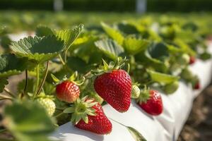 Bush of ripe organic strawberries in the garden. Berry closeup. Generative AI photo