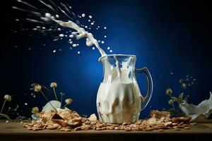 Realistic White Milk into glass with splash isolated on background photo