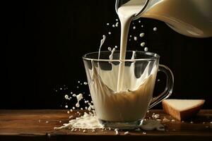 Realistic White Milk into glass with splash isolated on background photo