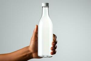 Man hand holding water bottle of white photo