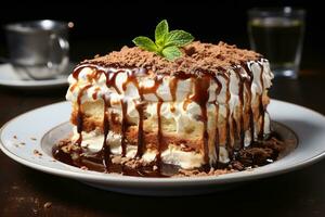 Tiramisu en un plato a mesa en un lado ver foto